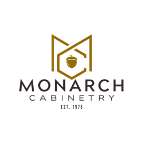 Monarch Cabinetry logo with gold crown and acorn icon above dark gray text on a white background