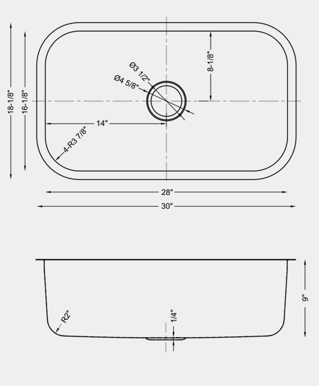 A black and white drawing of a sink with measurements