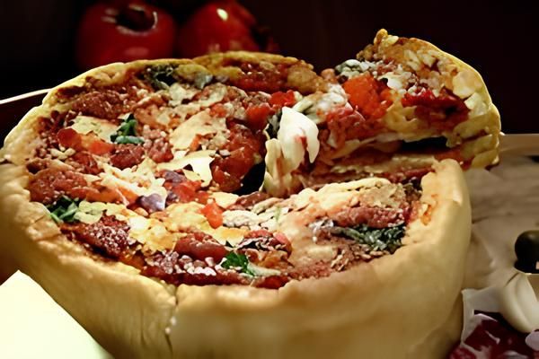 Deep-dish pizza with tomato sauce, cheese, and basil on a plate, with a slice lifted
