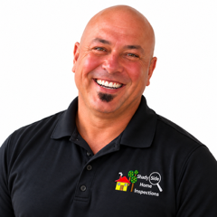 Smiling bald man in a black polo shirt with a house logo on a white background