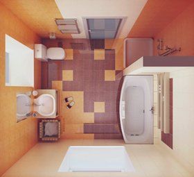 3D layout overhead view of a small but stylish bathroom