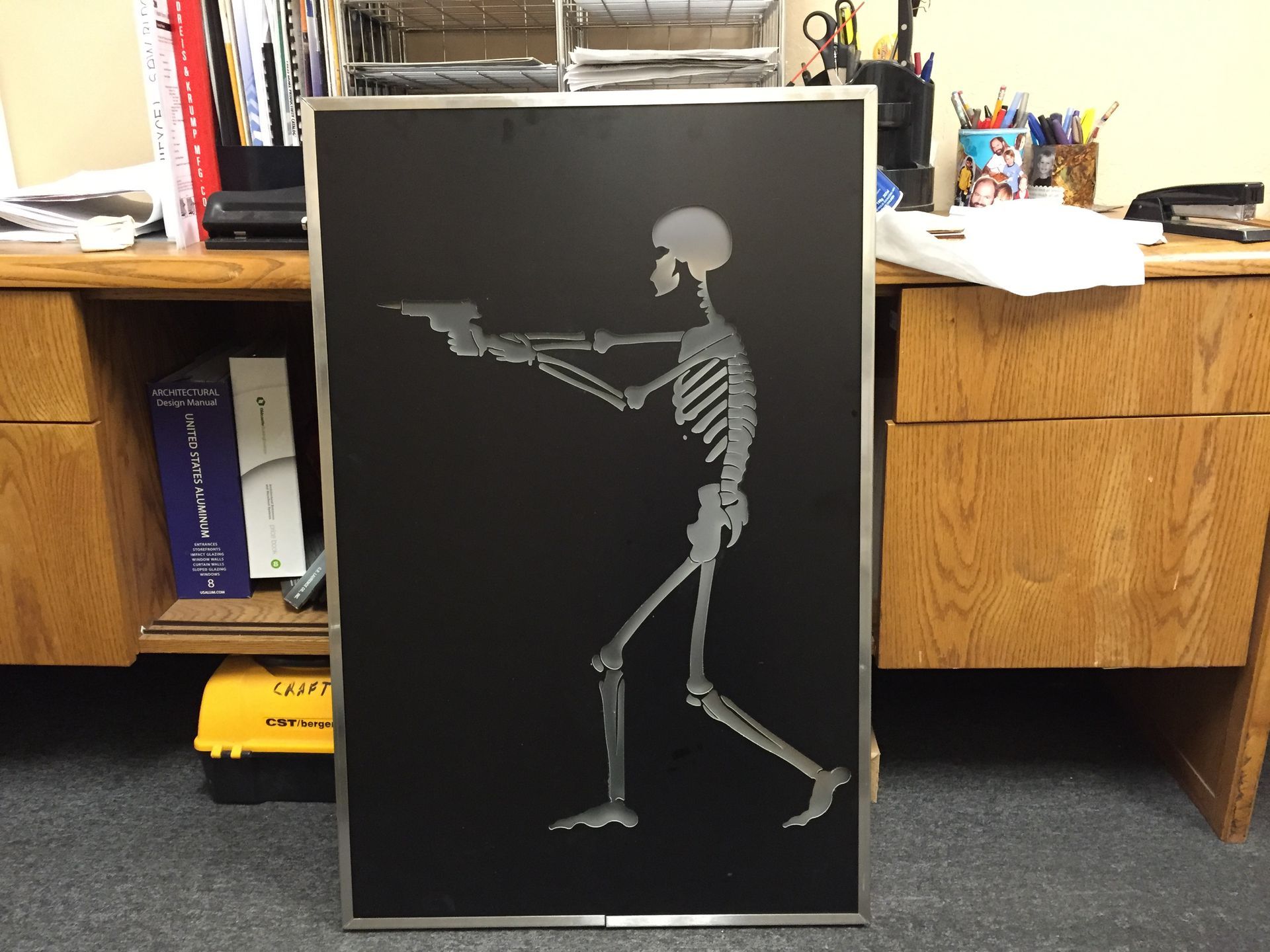 Frame with a skeleton on it.
