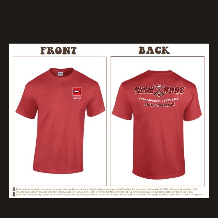 Front and back of a red t-shirt for sushi made