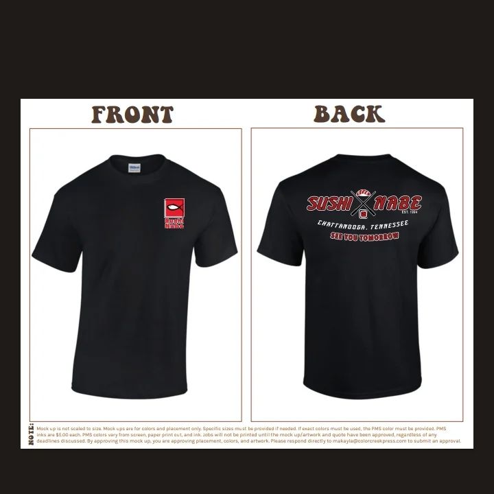A front and back view of a black t-shirt