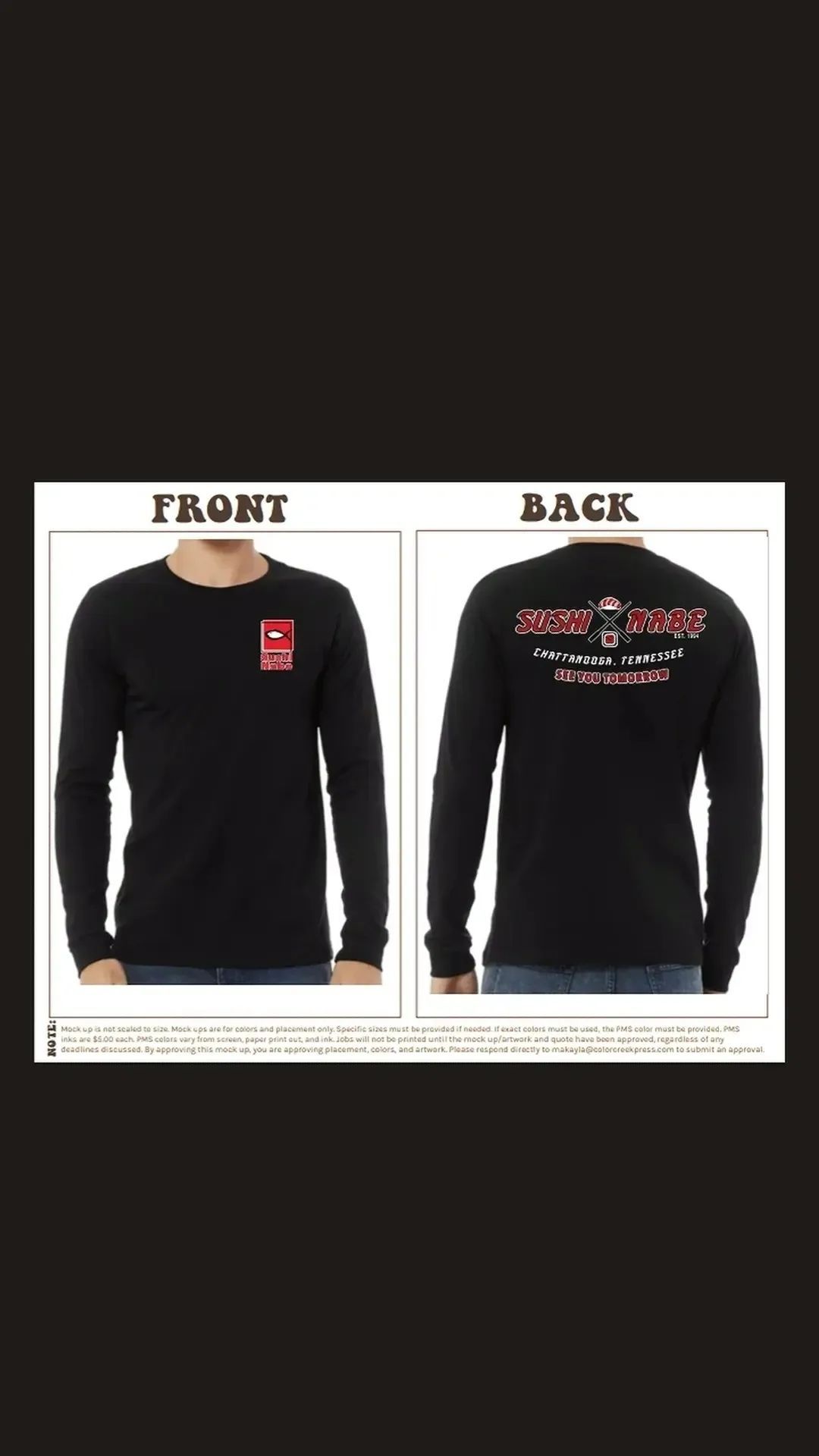 The front and back of a black long sleeve t-shirt