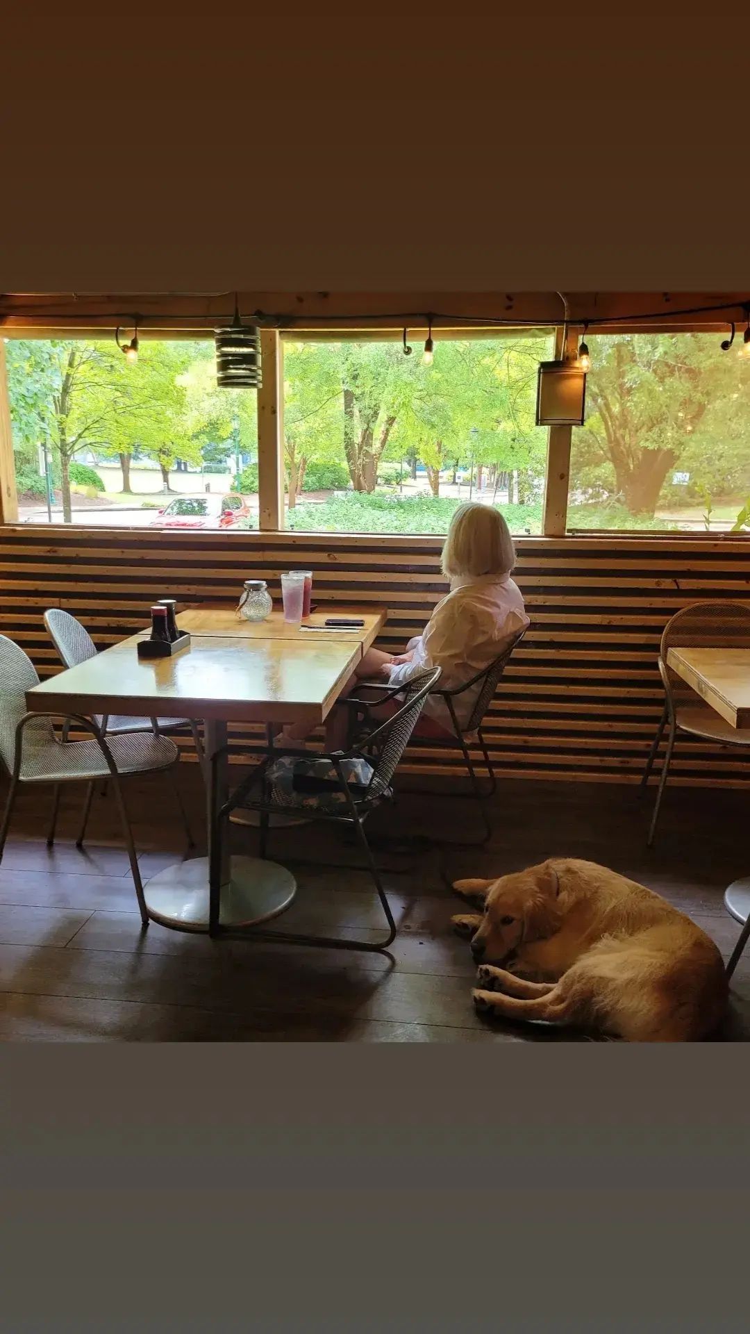 A woman is sitting at a table in a restaurant with a dog laying on the floor.