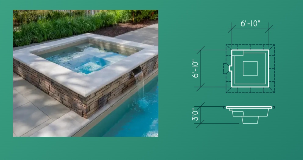 Square rooftop pool with stone surround, shown in 3D rendering with dimension sketch on green background