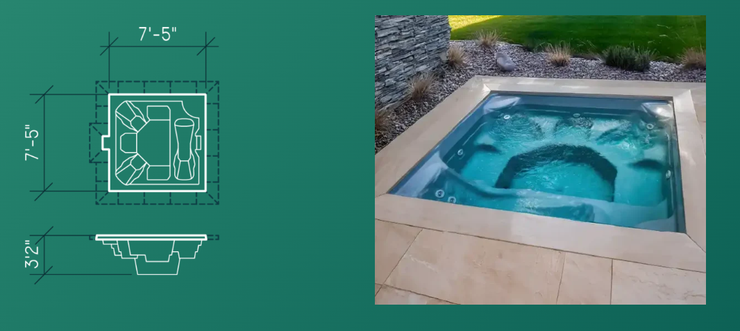 Plan and photo of a square outdoor hot tub with blue water, steps, and surrounding stone patio.