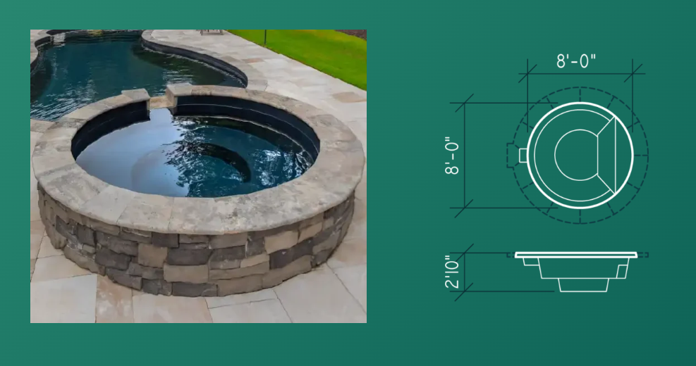 Outdoor circular stone fire pit with a curved bench and a small dimension drawing beside it