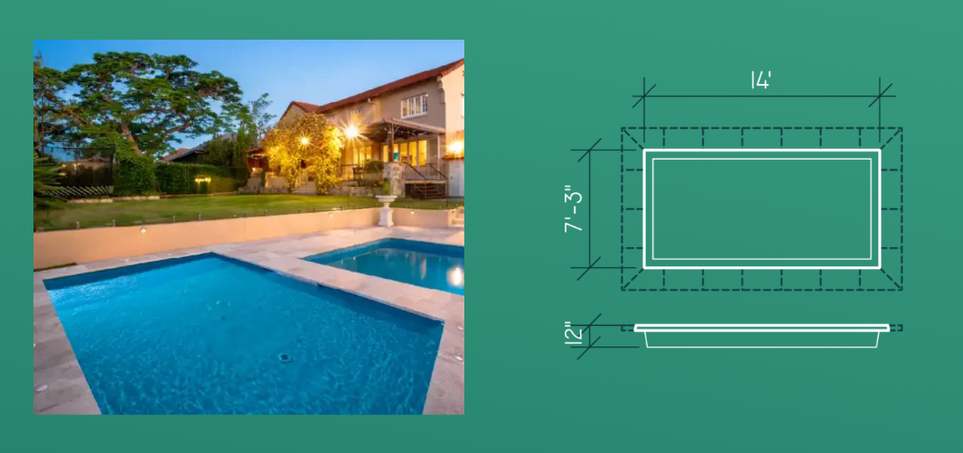 Backyard pool beside a house, with a simple top-down pool dimension diagram.