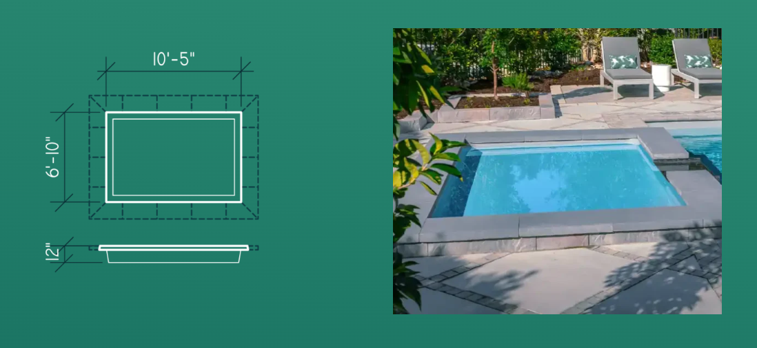 Pool layout diagram beside a photo of a rectangular blue backyard swimming pool with steps and patio