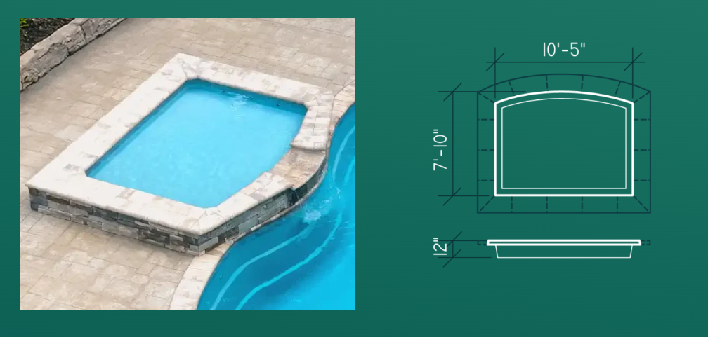 Poolside stone step design sketch with dimensions beside a blue swimming pool