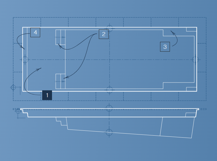 Blue architectural floor plan with marked doors, walls, and numbered callouts.