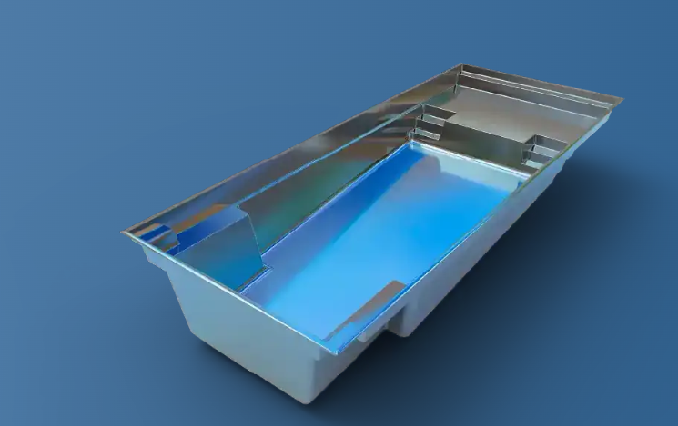 Shiny rectangular pool with a bright blue liquid, isolated on a blue background