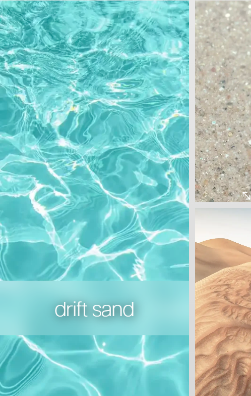 Turquoise swimming pool water with the words “drift sand” and two sand texture swatches