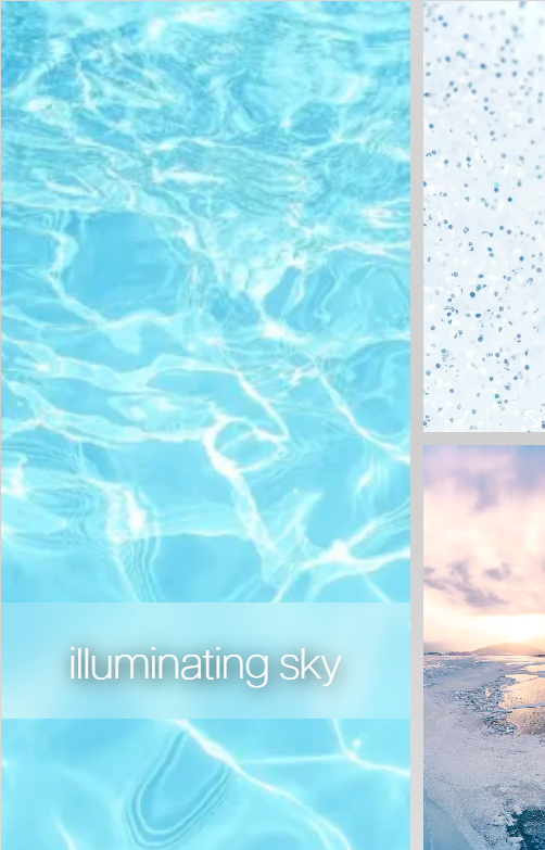 Blue water and sky collage with the words “illuminating sky” and a small sunset seascape panel