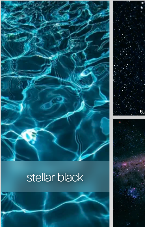 Abstract blue water texture with the words “stellar black” and small starry space panels on the right