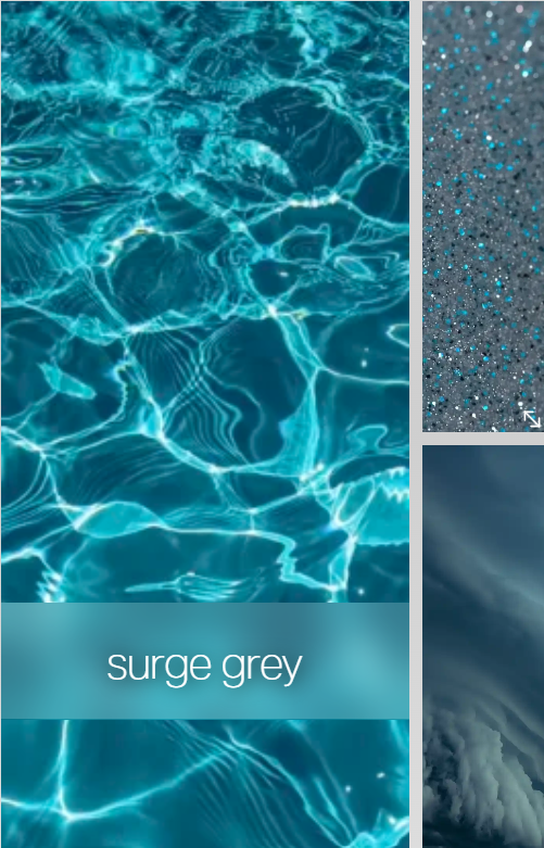 Abstract blue water texture with the text “surge grey” and two small textured swatches on the right.