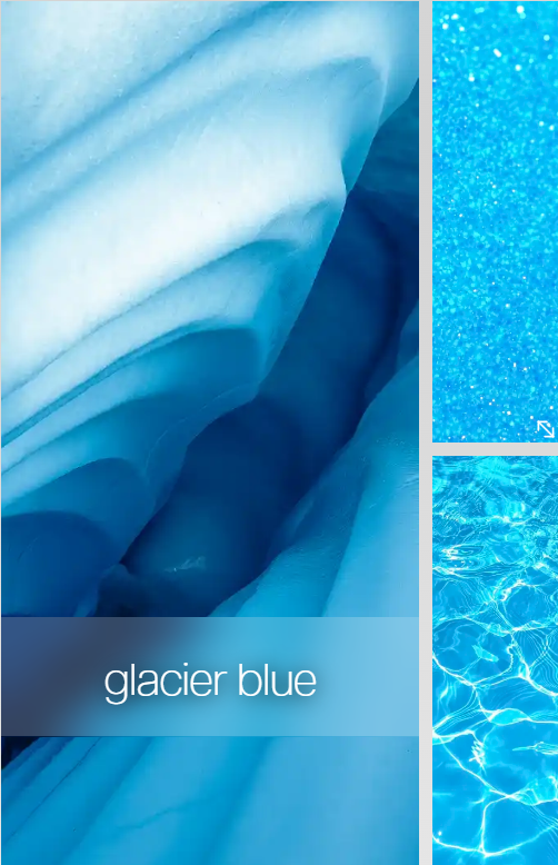 Abstract blue glacier-themed collage with ice textures and “glacier blue” text