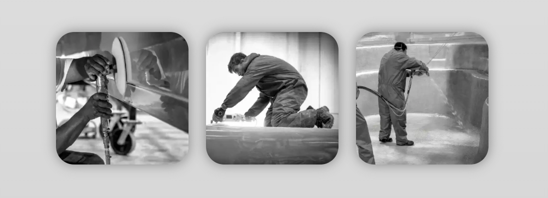 Three black-and-white photos of a worker sanding and painting a wall in an industrial setting