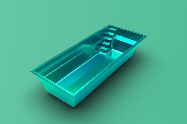 Turquoise rectangular pool with stepped interior on a mint-green background