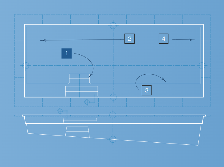 Blue technical blueprint with numbered callouts and curved arrows in a room layout sketch