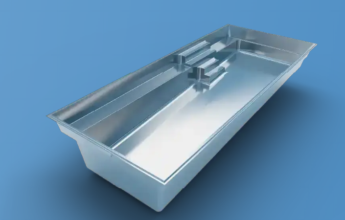 Silver pool with raised sides and angled end on a blue background
