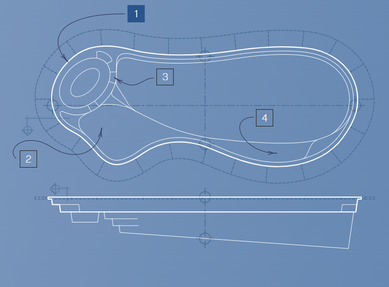 Blueprint of a pool with numbered callouts and technical measurements