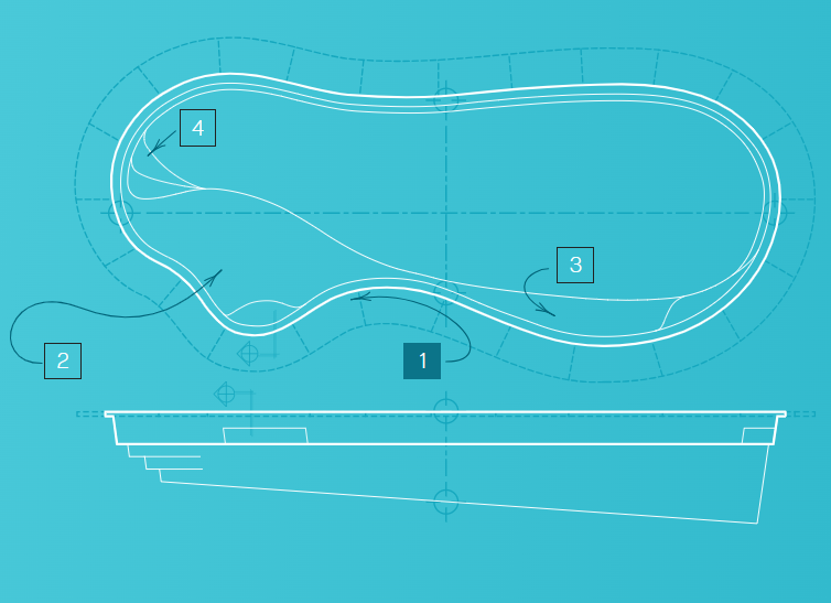 Blue technical diagram of a long, curved object with numbered callouts and measurements