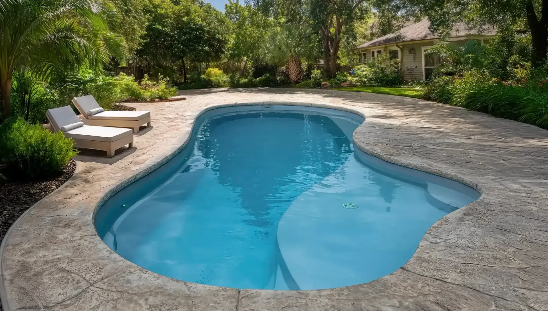 Small backyard swimming pool with blue water, stone deck, lounge chairs, and lush greenery.