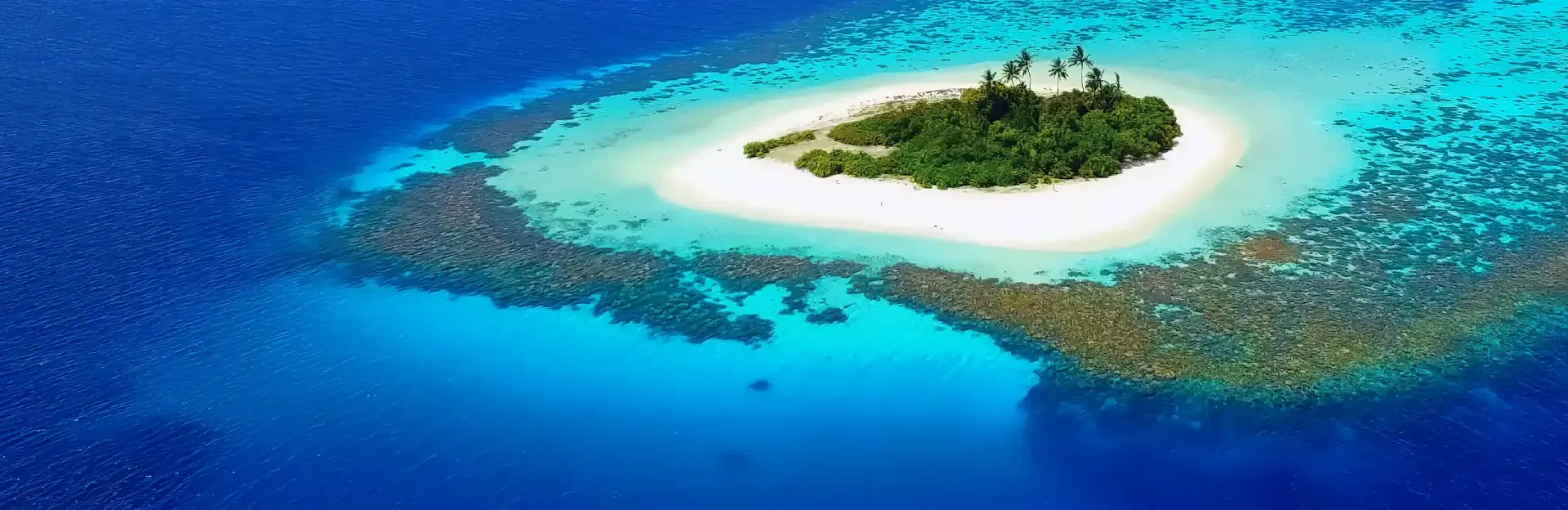 Tropical island with white sand and lush greenery, surrounded by bright turquoise ocean and coral reef