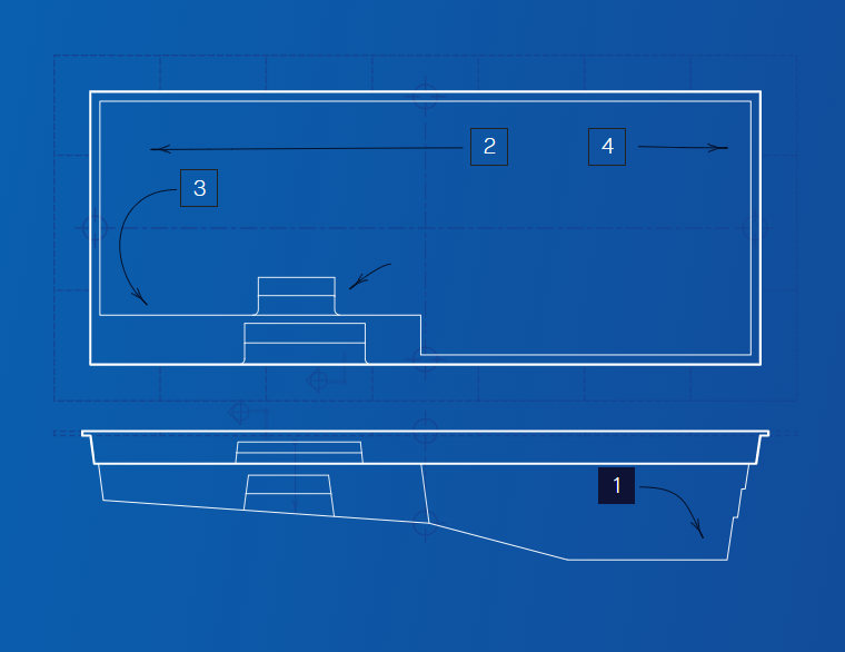 Blue technical diagram showing a pool layout with arrows and numbered labels.
