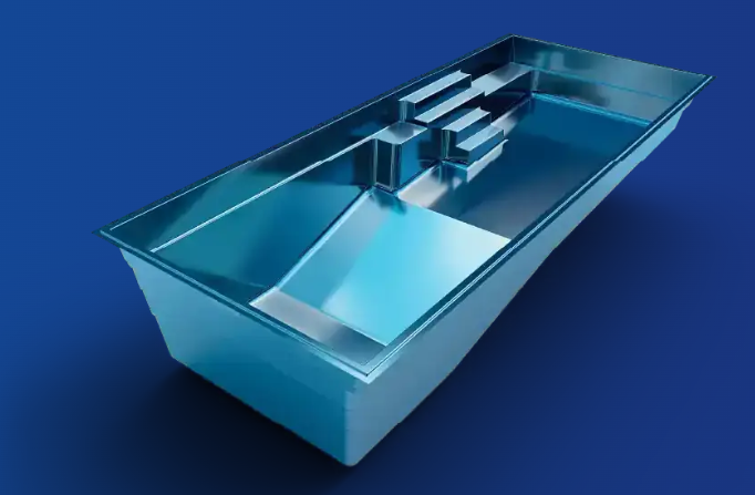 3D rendering of a shiny blue rectangular pool or trough on a blue background