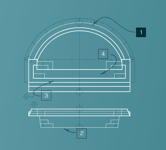 Blueprint-style technical drawing of a rounded pool in white lines on a teal background.