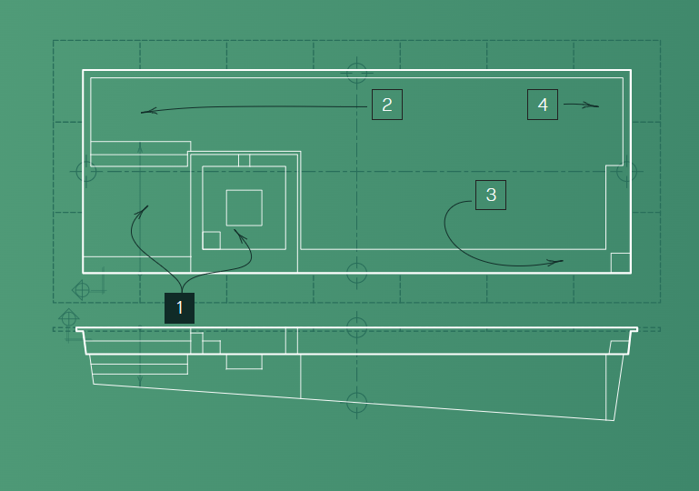 Green technical drawing of a pool layout with numbered sections and directional arrows.