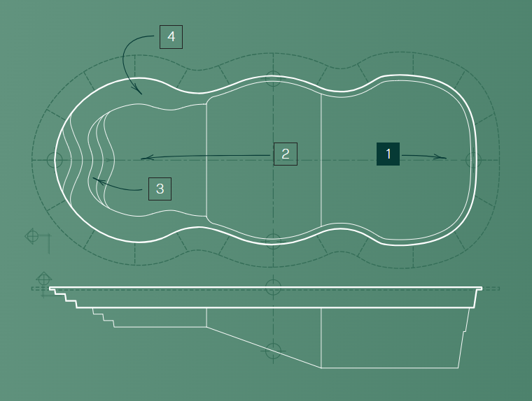 Technical white line drawing of an irregular rounded shape with numbered callouts on a green background