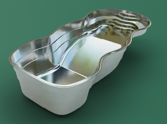 Metal pool with reflective compartments on a green background