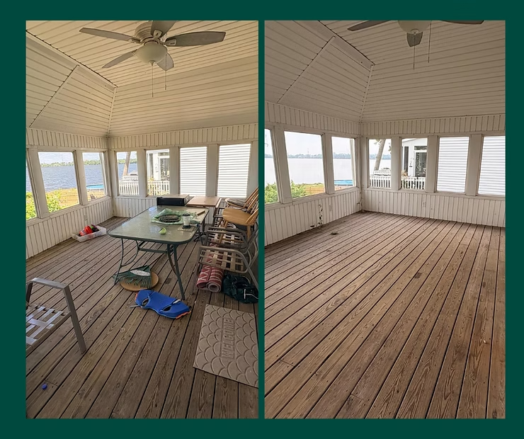 Side-by-side porch views: left cluttered with table and chairs, right empty with wooden floor and white railing.