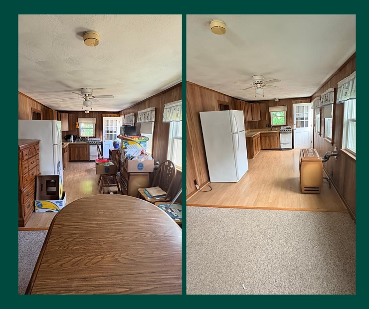 Before-and-after view of a cluttered room with a bed, cabinets, and wood flooring.