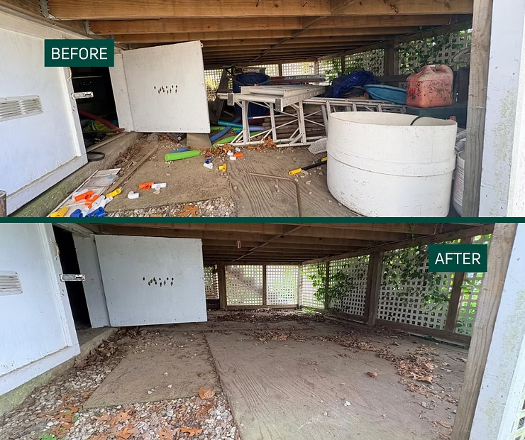 Before-and-after of a cluttered covered patio cleaned into an empty concrete space