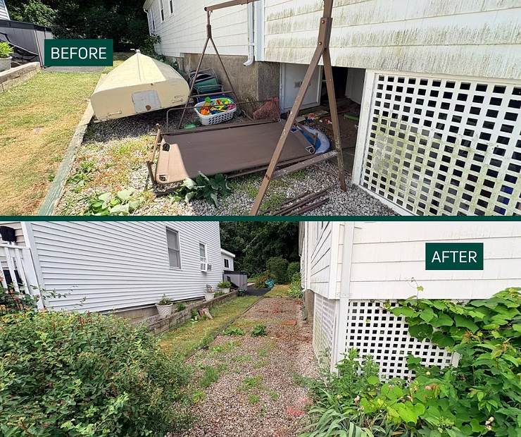 Before-and-after backyard cleanup beside a house, showing clutter removed and a clear gravel path.