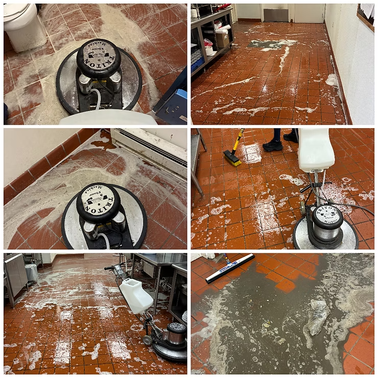 Floor-cleaning machine on a dirty tile floor, showing white residue and patchy gray-orange areas in a room.