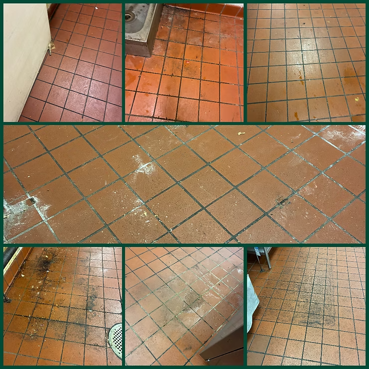 Collage of tiled floor sections with orange and brown tiles, showing wear, stains, and a crack near a wall.