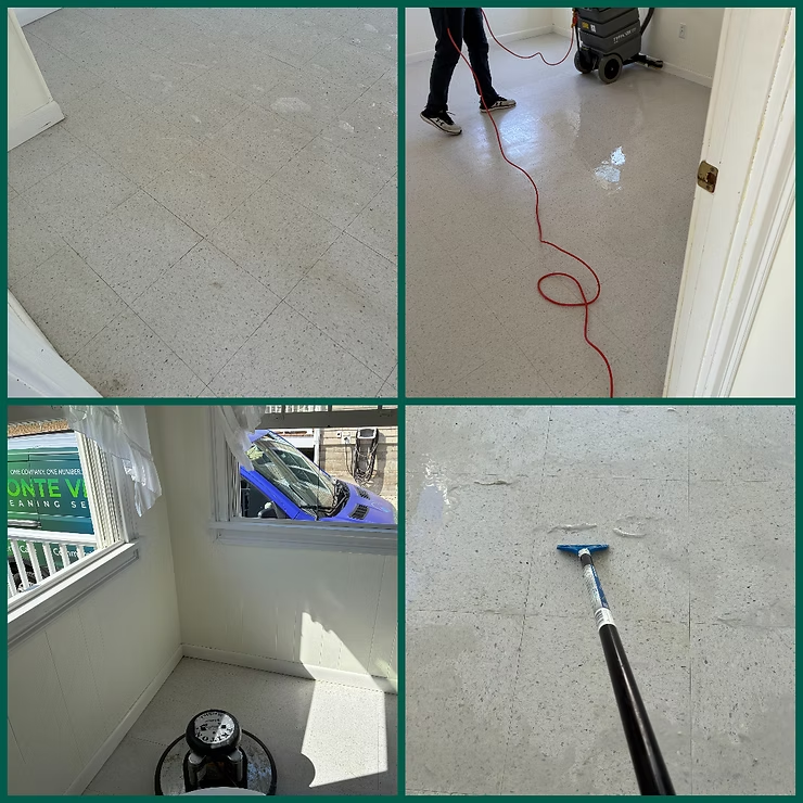 Tile floor being cleaned with a mop and machine in a bright room with windows