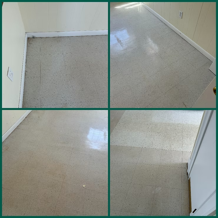 Four close-up views of a beige tiled floor with scuff marks and glossy reflections near a wall and doorway.