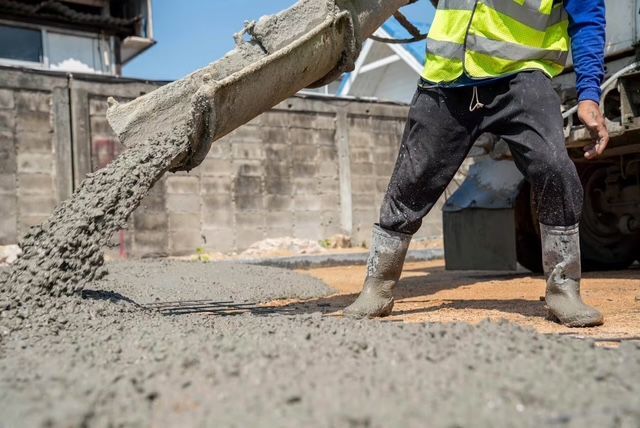 A construction worker is pouring concrete into the ground.