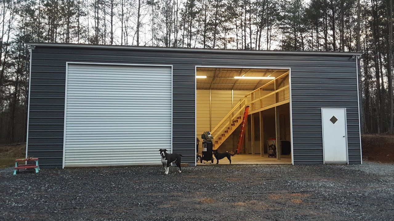 Two dogs are standing in front of a metal garage with the door open