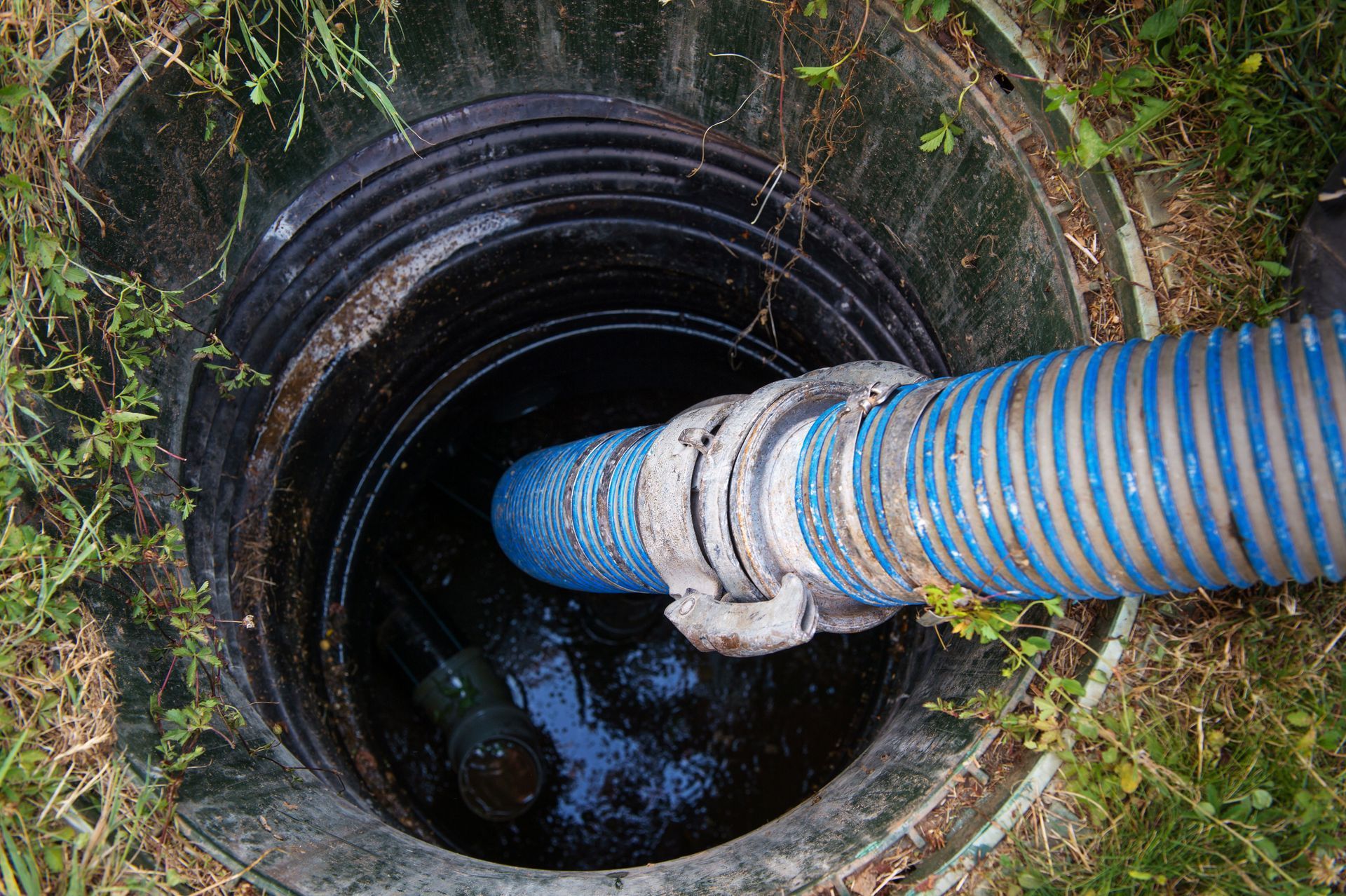 A blue industrial vacuum hose inserted into a dark, cylindrical septic tank opening surrounded by grass.