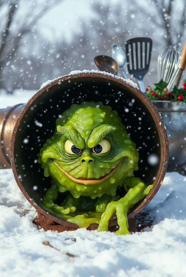 A grumpy green creature with a sinister grin peeks out from inside a metal pipe during a snowy day.