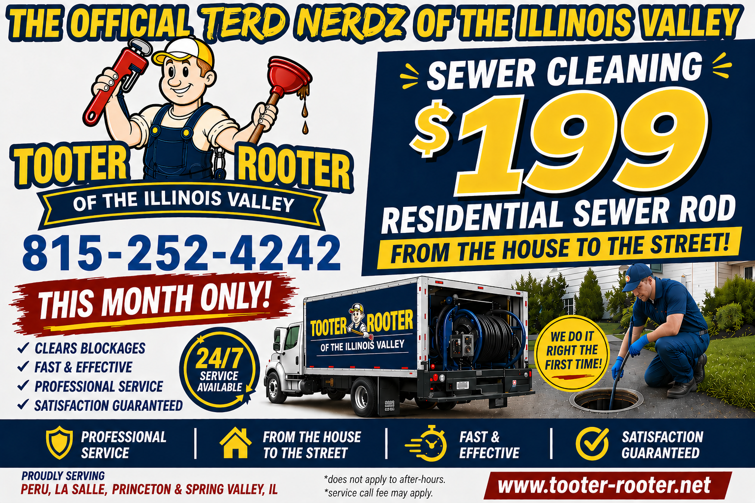 Tooter Rooter ad for sewer cleaning, $199 residential sewer rooter service, blue and yellow design